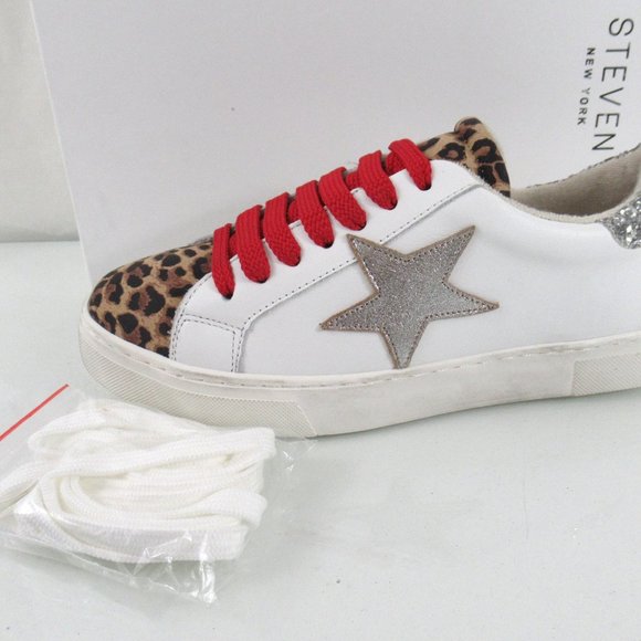 Steven New York By Steve Madden Rubie Lace Up Star Sneaker White Leopard Size 7 - Picture 7 of 9